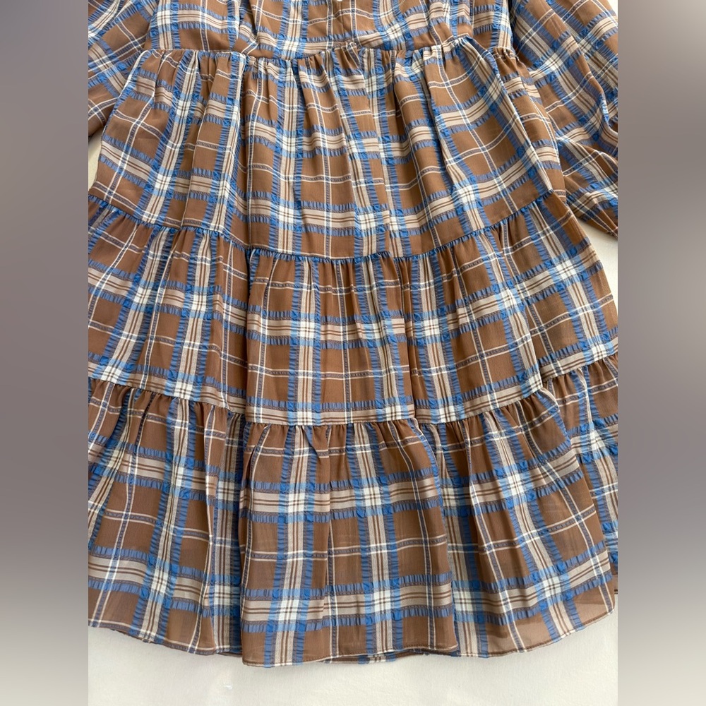Country Chic Gianni Bibi Brown Plaid Off-Shoulder Dress lined Coastal Cowgirl - Picture 4 of 10